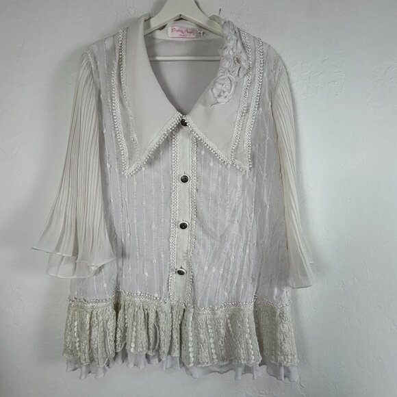 Pretty Angel Womens White Lace Boho Button Down Blouse Top Size Medium Collared - Picture 1 of 11